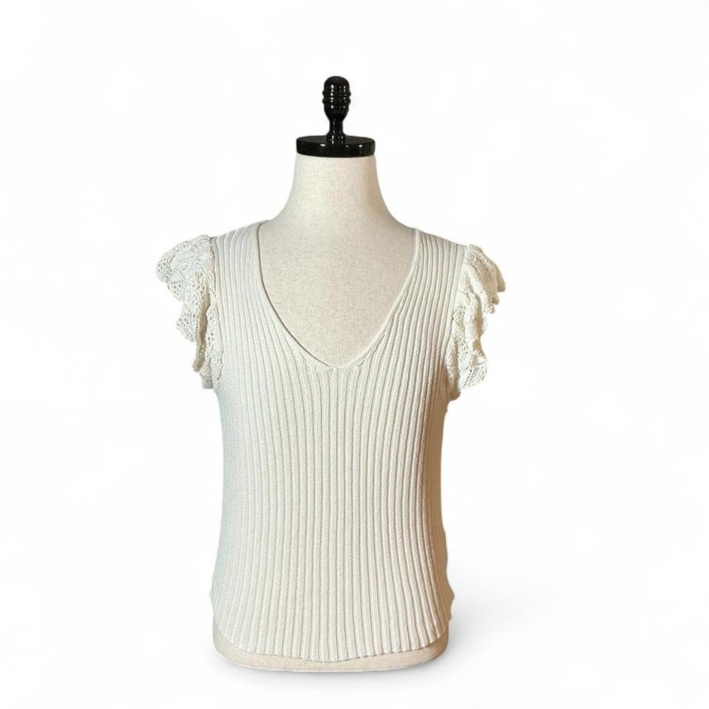 Mystree Ribbed Knit V-Neck Top Lace Flutter Cap Sleeves Cream Size L Cottagecore